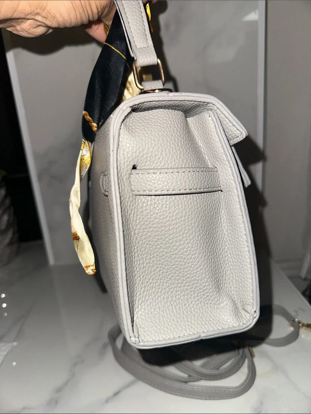 Stylish Gray Leather Crossbody Bag with Scarf Accent